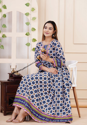 MANOJAVA Women Floral Print Anarkali Kurta(Blue)