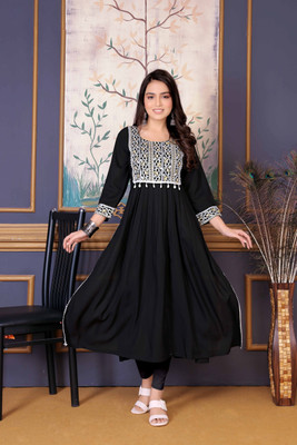 LILUDI Women Embroidered Anarkali Kurta(Black, White)
