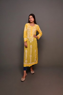 RIWAYAT CHIKANKARI Women Chikan Embroidery A-line Kurta(Yellow)