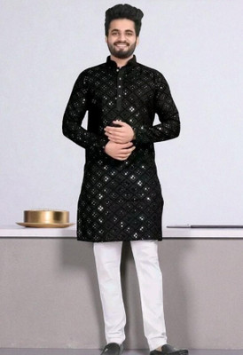 Biswas Trends Men Embroidered Straight Kurta(Black)