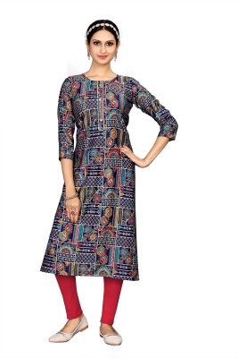 pgf Women Printed Straight Kurta(Blue)