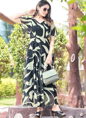 rutva Women Printed Flared Kurta(Light Green)