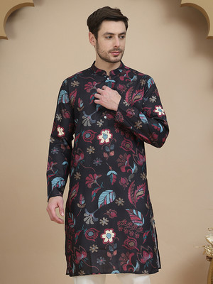 Anouk Rustic Men Printed Straight Kurta(Black)