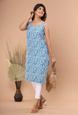Shedika Women Floral Print Straight Kurta(Light Blue)