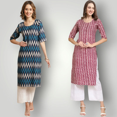 KAUTAQI Women Printed Straight Kurta(Multicolor)
