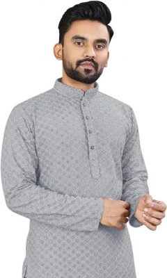 CRYSTALSTYLE Men Embroidered, Embellished Straight Kurta(Grey)