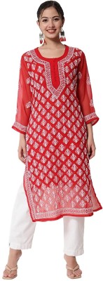 khaka Women Embroidered Straight Kurta(Red, White)