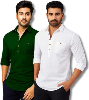 CROWNTAIL Men Solid Straight Kurta(Green, White)