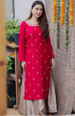 RARE THREAD Women Embroidered A-line Kurta(Red)