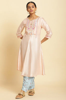 W Women Solid Flared Kurta(Pink)