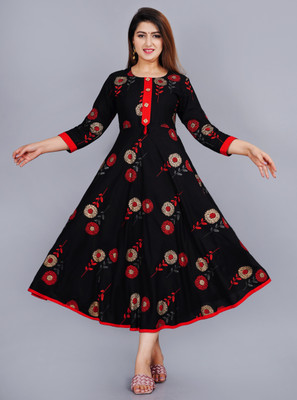 LH HANDICRAFTS Women Printed Flared Kurta(Black)
