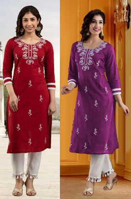 HouseOfCommon Women Chikan Embroidery Straight Kurta(Multicolor)