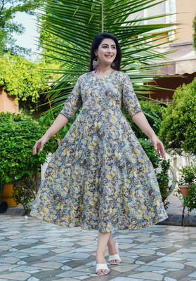 Hand Block Print Women Floral Print A-line Kurta(Blue)