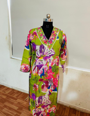 Warli Store Women Floral Print A-line Kurta(Green)