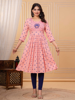 Meena Bazaar Women Printed Flared Kurta(Pink)