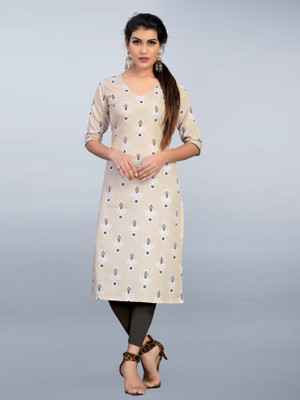 tanvi creation Women Printed Straight Kurta(White, Beige)