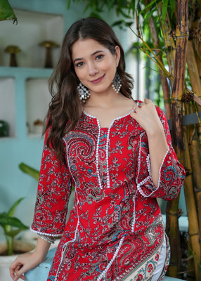 KJFAB Women Printed Straight Kurta(Red)