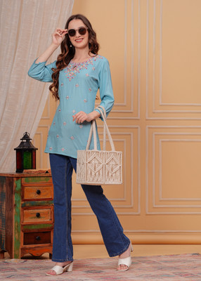 ALEXEY JAY Women Embroidered Straight Kurta(Light Blue)