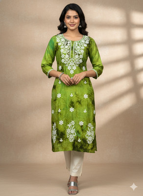 PehnaVastra Fabriks Women Dyed/Ombre, Embroidered, Chikan Embroidery, Embellished Ethnic Dress Kurta(Green)