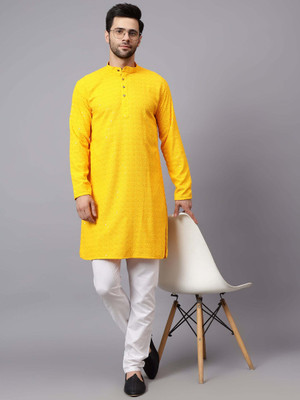 FireFish Men Chikan Embroidery A-line Kurta(Yellow)
