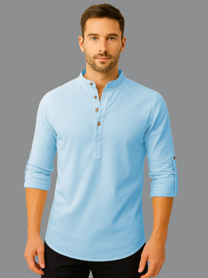 KNOWTED Men Solid Straight Kurta(Light Blue)