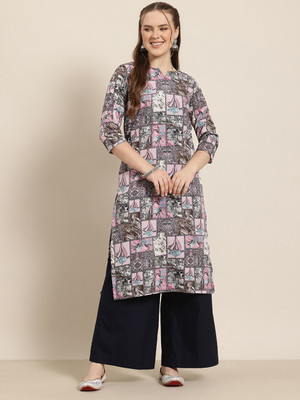 HERE&NOW Women Printed Straight Kurta(Grey)