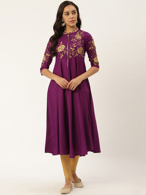ANOUK Women Embroidered A-line Kurta(Purple)