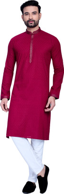 Anadhya Men Chikan Embroidery Straight Kurta(Pink)