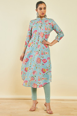 soch Women Floral Print Straight Kurta(Blue)