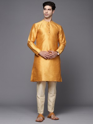 Indo Era Men Woven Design Straight Kurta(Yellow)