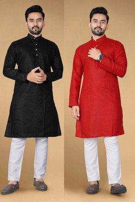 Ladyflock Men Solid Straight Kurta(Black, Red)