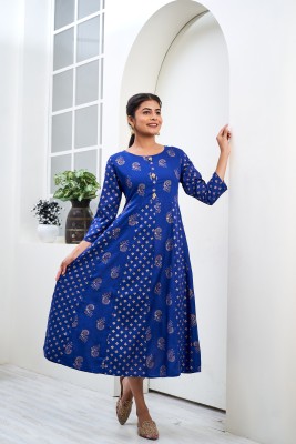 Sa Rasa Women Printed Anarkali Kurta(Light Blue)