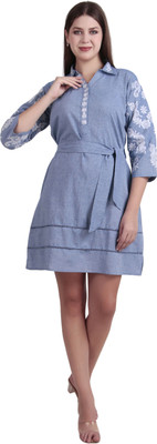 LEEZA Women Embroidered A-line Kurta(Light Blue)