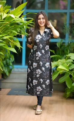 PoruIMPEX Women Floral Print A-line Kurta(Black)