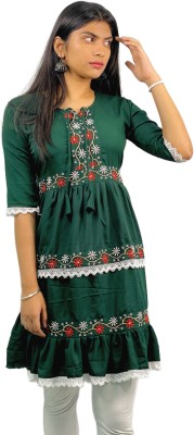 Invastra Women Embroidered Flared Kurta(Green)