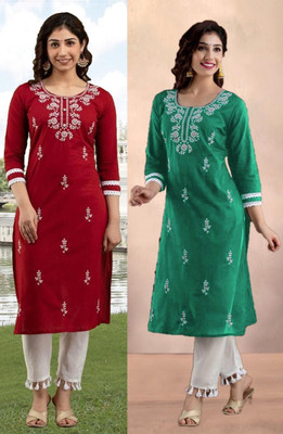 vikshi Women Embroidered Straight Kurta(Multicolor)