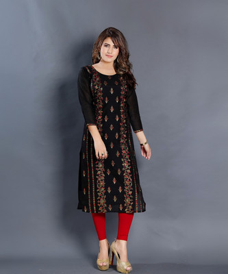 Dream & Dzire Women Embroidered Straight Kurta(Black)