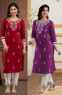 vikshi Women Chikan Embroidery Straight Kurta(Multicolor)