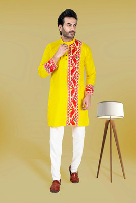 FRANSCART Men Self Design Straight Kurta(Yellow)