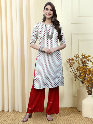EthnicBasket Women Printed, Embroidered A-line Kurta(White)