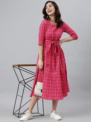 BDREE Women Fit and Flare Pink Midi/Calf Length Dress