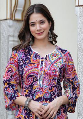 KJFAB Women Printed Straight Kurta(Purple)