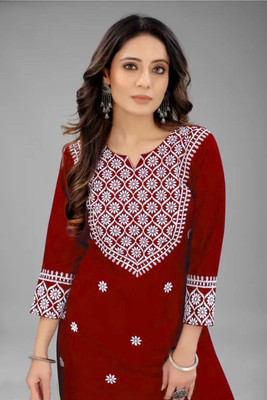 GODWEEN Women Embroidered A-line Kurta(Maroon)