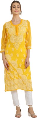 FIIZA Women Chikan Embroidery, Embroidered Straight Kurta(Yellow)