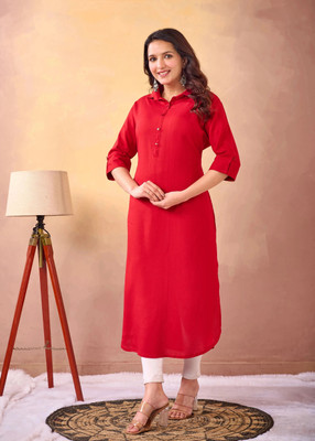 NEEYAMI Women Solid Straight Kurta(Maroon)