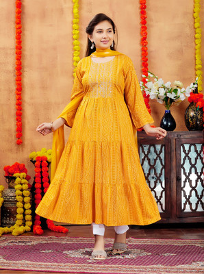 Sangria Girls Printed Flared Kurta(Yellow)