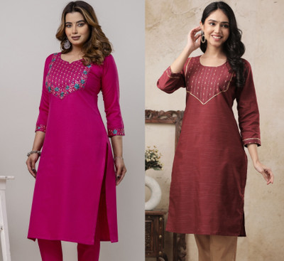 AUZAAI COLLECTION Women Embroidered Straight Kurta(Pink, Red)