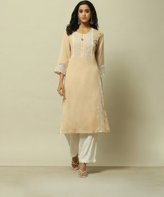 RANGRITI Women Embroidered Straight Kurta(Beige)