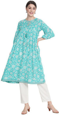 ALEXNCLEO Women Floral Print Flared Kurta(Light Blue)