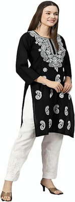 The Sufistore Women Chikan Embroidery A-line Kurta(Black)